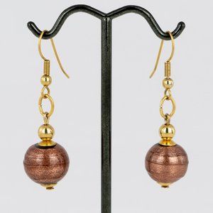 Art Glass Earrings Dangle Drop Hook Gold Toned Brown Sparkle Glitter Round Swirl